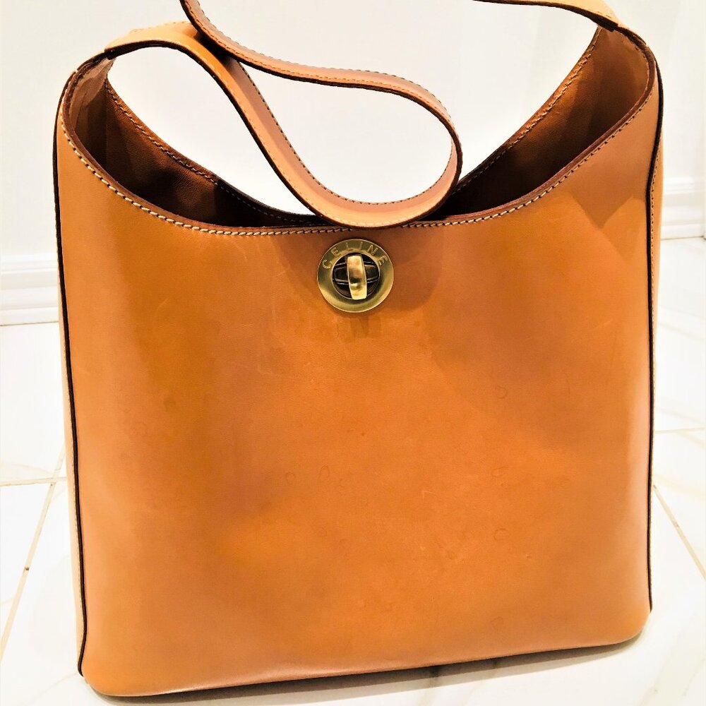 Authentic CELINE Turn Lock Orange Leather Tote Bag Made in Italy